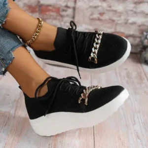 Megazoneoffers Women'S Plus Size Fly Woven Breathable Upper Chain Wedge Lace-Up Sneakers