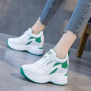 Megazoneoffers Women Fashion Round Toe Platform Medium Heel Lace-Up Colorblock Sneakers