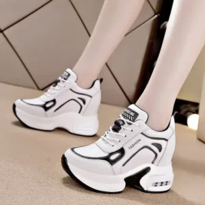 Megazoneoffers Women Fashion Round Toe Platform Leather Lace Up Sneakers