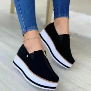 Megazoneoffers Women Fashion Retro Platform Mid Top Solid Color Sneakers