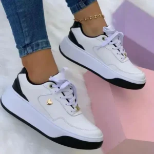 Megazoneoffers Women'S Fashion Flat Round Toe Plus Size Solid Color Front Lace-Up Sneakers