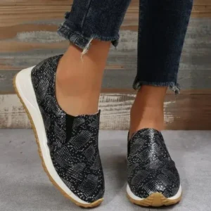 Megazoneoffers Women'S Fashion Snake Print PU Leather Flat Sneakers