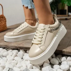 Megazoneoffers Women'S Fashion Round Toe Chain Lace Up Low Top Solid PU Thick-Soled Sneakers