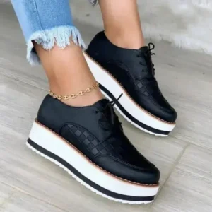 Megazoneoffers Women'S Fashion Vintage Lace-Up Solid Color Flat Slip-On PU Sneakers Shoes