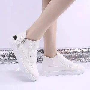 Megazoneoffers Women Fashion Round Toe Mid-Top Canvas Raw Edge Elastic Sneakers