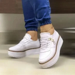 Megazoneoffers Women Fashion Round Toe Solid Color Pu Hidden Wedge Lace-Up Low Top Sneakers Shoes