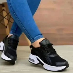 Megazoneoffers Women Fashion Round Toe Solid Color Mesh Thick-Soled Low Top Sneakers