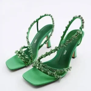 Megazoneoffers Women Fashion Plus Size Sexy Rhinestone Strap Square Toe Heeled Sandals