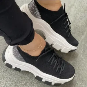 Megazoneoffers Wedge Heel Flying Woven Colorblock Lace-Up Sneakers Large Size Casual Low Top Women Shoes