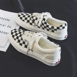 Megazoneoffers Women Fashion Grid Printed Lace-Up Canvas Shoes