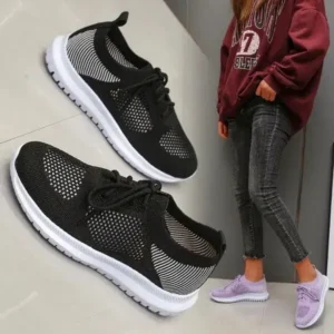 Megazoneoffers Women Casual Sports Lace-Up Design Mesh Breathable Solid Color Sneakers