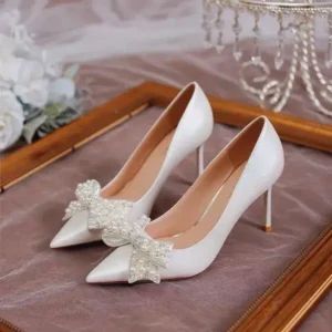 Megazoneoffers Women Fashion Sexy Pointed Satin Pearl Pointed Toe Shoes