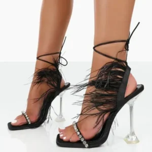 Megazoneoffers Women Fashion Sexy Rhinestone Feather Decorative Solid Color High Heel Sandals Shoes