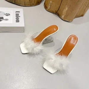 Megazoneoffers Women Fashion Sexy Feather Decoration Solid Color Chunky High Heel Slippers Shoes