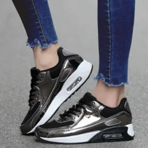 Megazoneoffers Women Casual Sports Lace Up Design Shiny Air Cushion Platform Sneakers