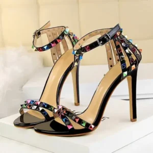 Megazoneoffers Fashion Women Sexy 11cm High Heels Rivets Studded Sandals Ankle Buckle Strap Stiletto Shoes