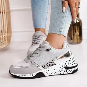 Megazoneoffers Women Fashion Casual Leopard Print Color Matching Lace-Up Platform Sneakers