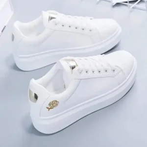 Megazoneoffers Women Casual Fashion Rose Embroidery Thick-Soled Comfortable PU Leather White Sneakers