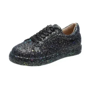 Megazoneoffers Women Creative Casual Sequined Solid Color Lace-Up Low-Top Flat Sneakers