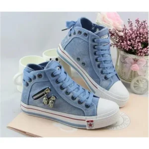 Megazoneoffers Women Casual Spring Zipper Decor Lace-Up High Top Denim Canvas Sneakers