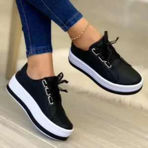 Megazoneoffers Women Casual Round Toe Lace-Up Block Color Platform Shoes PU Sneakers