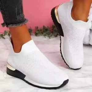 Megazoneoffers Women Casual Round Toe Solid Color Breathable Mesh Upper Wedges Slip On Sneakers