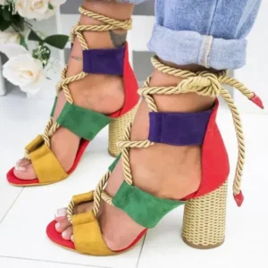 Megazoneoffers Women Fashion Sexy Cross Hollow Lace Up Design Color Blocking High Heel Sandals Shoes