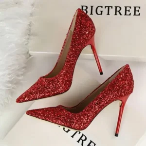 Megazoneoffers Women Sexy Shining Sequins Decor Pointed-Toe Stiletto Shoes Pumps