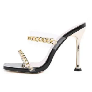 Megazoneoffers Women Sexy Plus Size Metal Chain Square-Toe High Heel Sandals