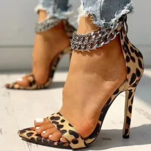 Megazoneoffers Women Sexy Metal Chain Buckle Ankle Strap Animal Printed High Heels