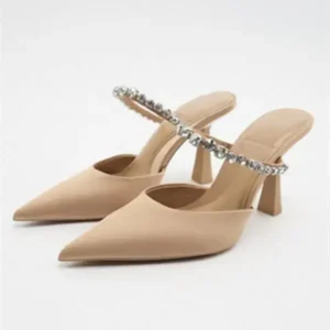 Megazoneoffers Summer Women Plus Size Fashion Casual Rhinestone Pointed Cover Toe High Heel Slippers