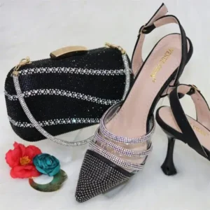 Megazoneoffers Women Classic Black Pointed Shoes Transparent Pvc Rhinestone Chain Square Hand Bag Set