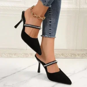 Megazoneoffers Summer Women Fashion Plus Size Elegant Pointed Toe Strap Rhinestone Stiletto Heel Slippers