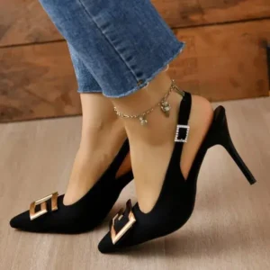 Megazoneoffers Summer Women Fashion Casual Plus Size Solid Color Pointed Toe Metal Buckle Sling Back High Heel Sandals