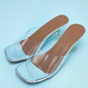 Megazoneoffers Women Fashion Casual Square Toe Transparent Design Mid Heel Slippers