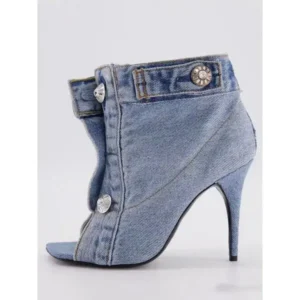 Megazoneoffers Women Fashion High Heel Denim Button High Top Boots