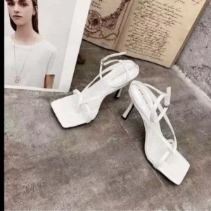 Megazoneoffers Women Fashion Sexy PU Solid Color Square Toe Stiletto Heel Ankle Strap Buckle Thong Sandals