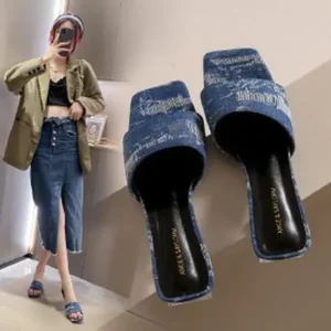 Megazoneoffers Women Fashion Casual PU Denim Square Toe Chunky Heel Slippers