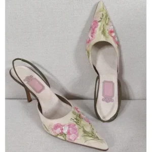 Megazoneoffers Women Fashion Elegant Floral Printed Pointed Toe Stiletto Heel Sandals