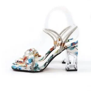 Megazoneoffers Women Fashion Sexy PU Rhinestone Floral Printed Square Toe Chunky Heel ?Sandals