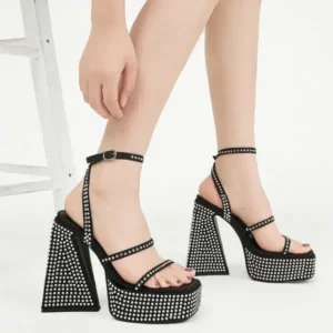 Megazoneoffers Women Fashion Sexy PU Rhinestone Solid Color Round Toe Platform Chunky Heel Ankle Strap Buckle Sandals6