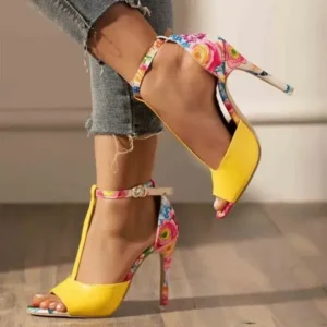 Megazoneoffers Women Fashion Sexy Floral Printed Peep Toe Stiletto Heel Ankle Strap Buckle Sandals