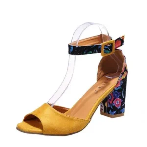 Megazoneoffers Women Fashion Sexy PU Floral Printed Peep Toe Chunky Heel Ankle Strap Buckle Sandals