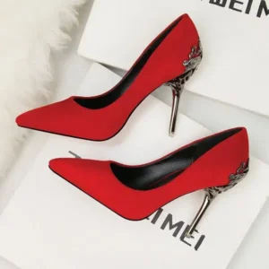 Megazoneoffers Women Fashion Sexy PU Solid Color Pointed Toe Metal Stiletto Heel Pumps