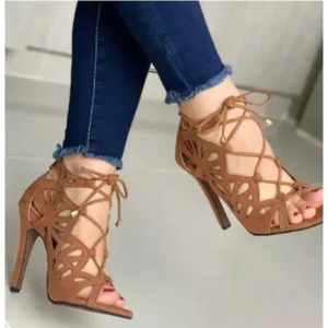 Megazoneoffers Women Fashion Sexy Solid Color Hollow Peep Toe Stiletto Heel Bandage Sandals