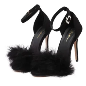 Megazoneoffers Women Fashion Sexy PU Solid Color Feather Peep Toe Stiletto Heel Ankle Strap Buckle Sandals