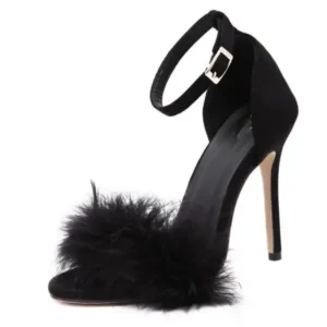 Megazoneoffers Women Fashion Sexy Solid Color Feather Peep Toe Stiletto Heel Ankle Strap Buckle Sandals