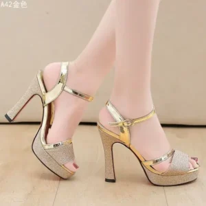 Megazoneoffers Women Fashion Elegant PU Round Toe Platform Ankle Strap Buckle Sandals