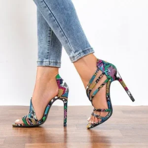 Megazoneoffers Women Fashion Sexy PU Snake Patterned Pointed Toe Stiletto Heel Sandals