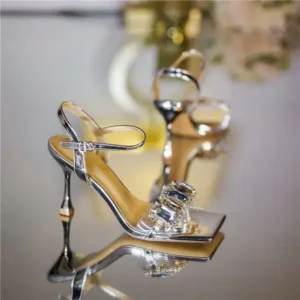 Megazoneoffers Women Fashion Sexy PU Rhinestone Square Toe Ankle Strap Buckle Stiletto Heel Sandals